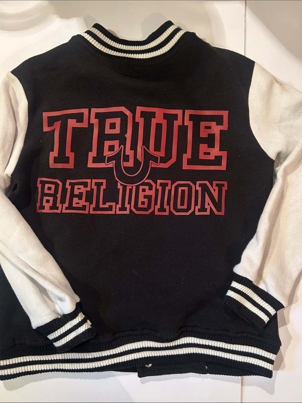 True Religion Boys Varsity Jacket Coat Black & White Crewneck with Red Logo